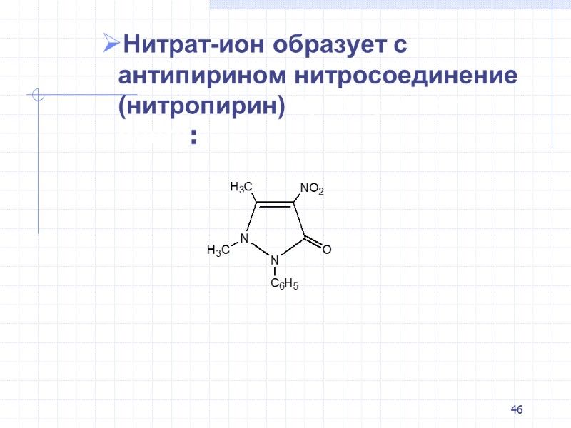 46 Нитрат-ион образует с антипирином нитросоединение (нитропирин) ярко-красного цвета: